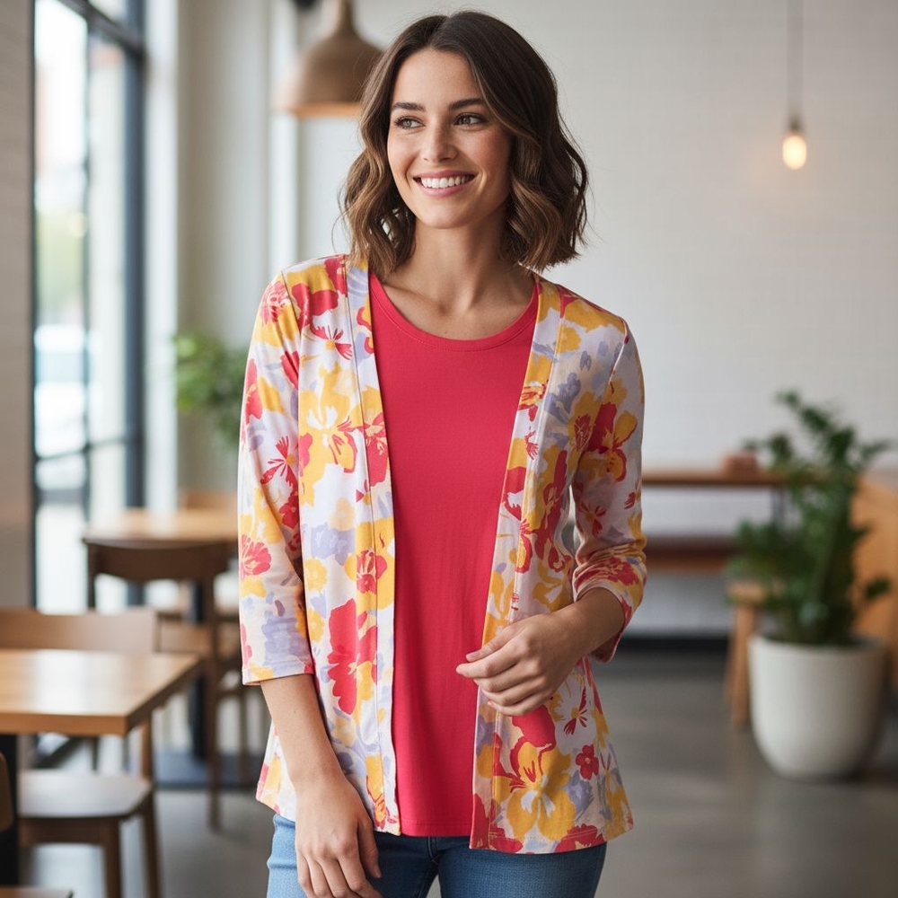 Cuddle Duds Floral Cardigan with Pink Top